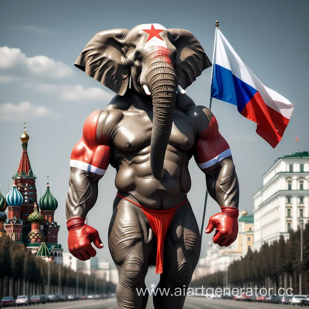 Накаченный слон, который выглядит как человек.
Пафосно стоит , а позади Российский флаг