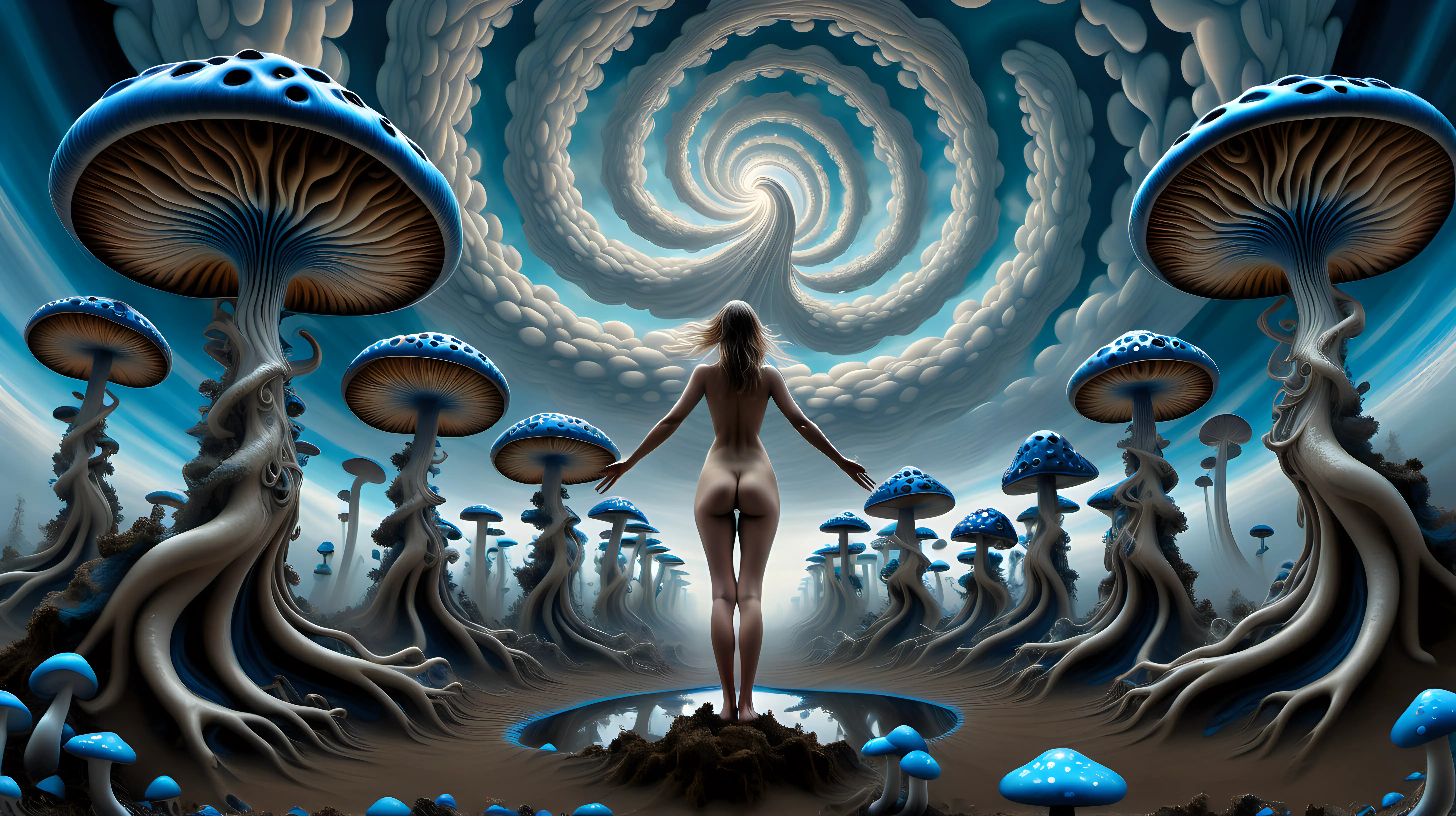 Ethereal Psychedelic Scene Nude Woman Amidst Swirling Fractal Sky and Blue Mushrooms