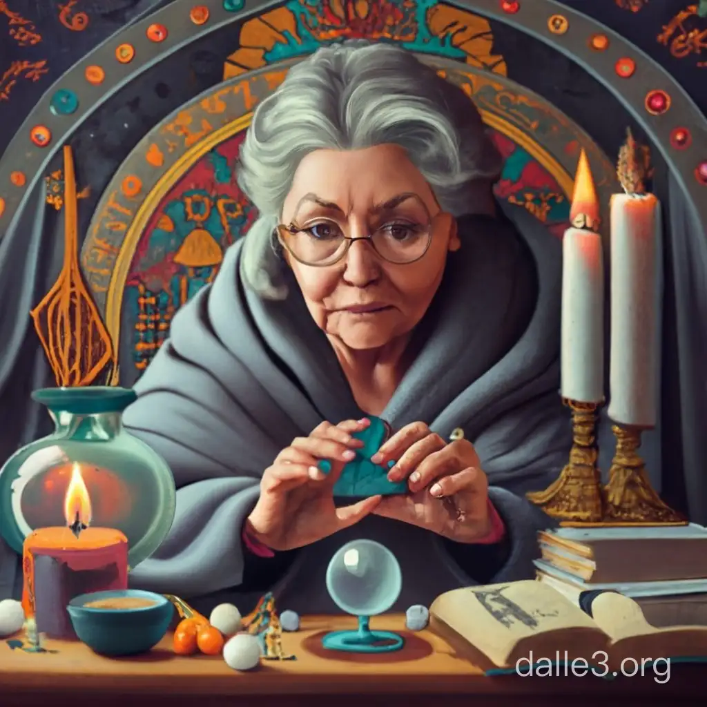 45 years woman, thick, with kind face, grey hair, in grey cloak, sits at a table, on which stands the big tarot card close-up  devil tarot card, a magic glass ball, books and a burning candle , natural appearance.