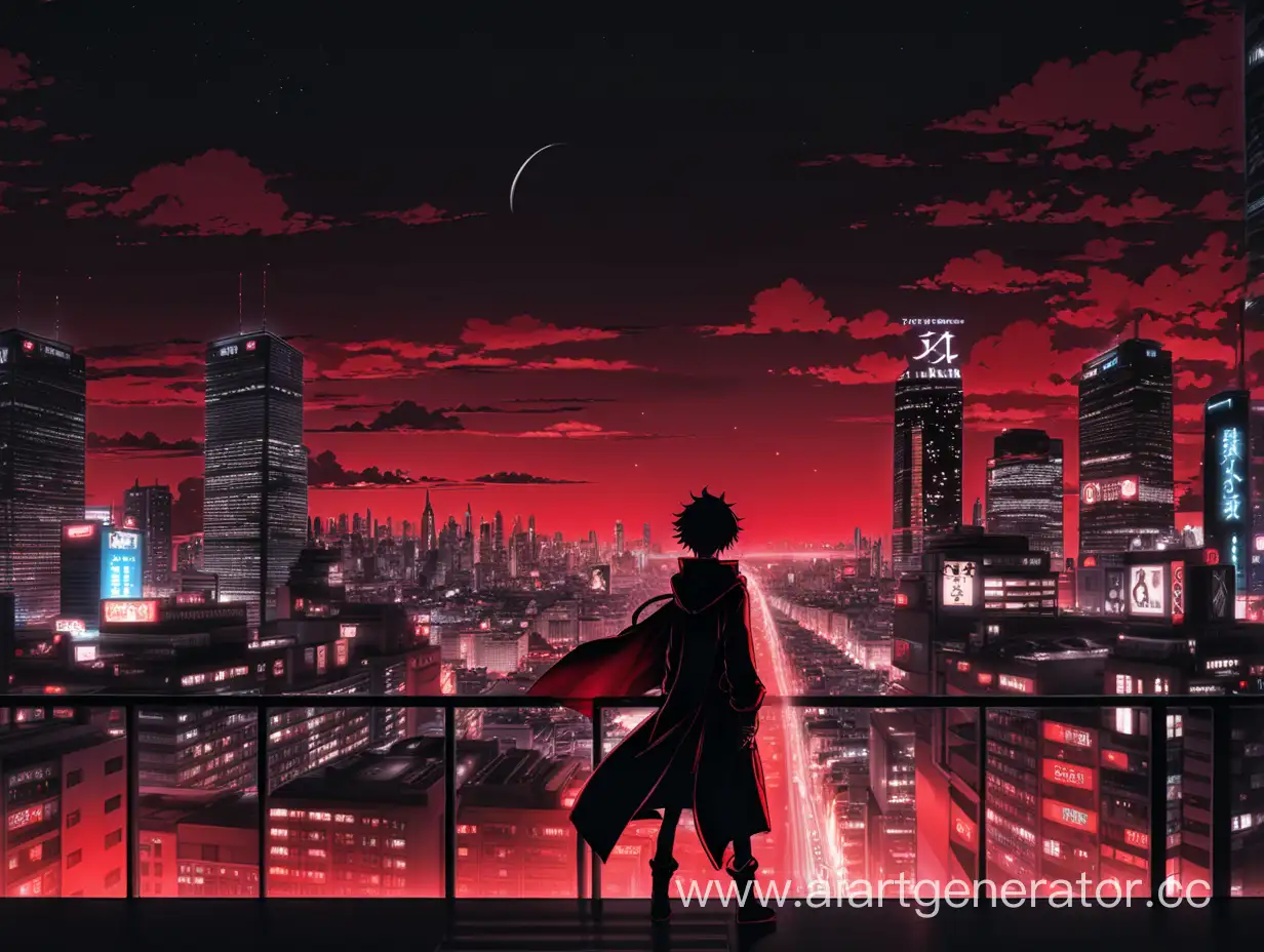 Anime wallpaper themed with a night city and a character in black and red attire