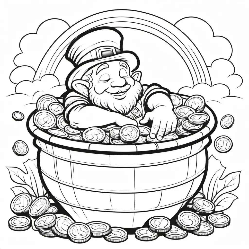 coloring page for kids, thick lines, low detail, sleeping leprechaun in a pot of gold coins