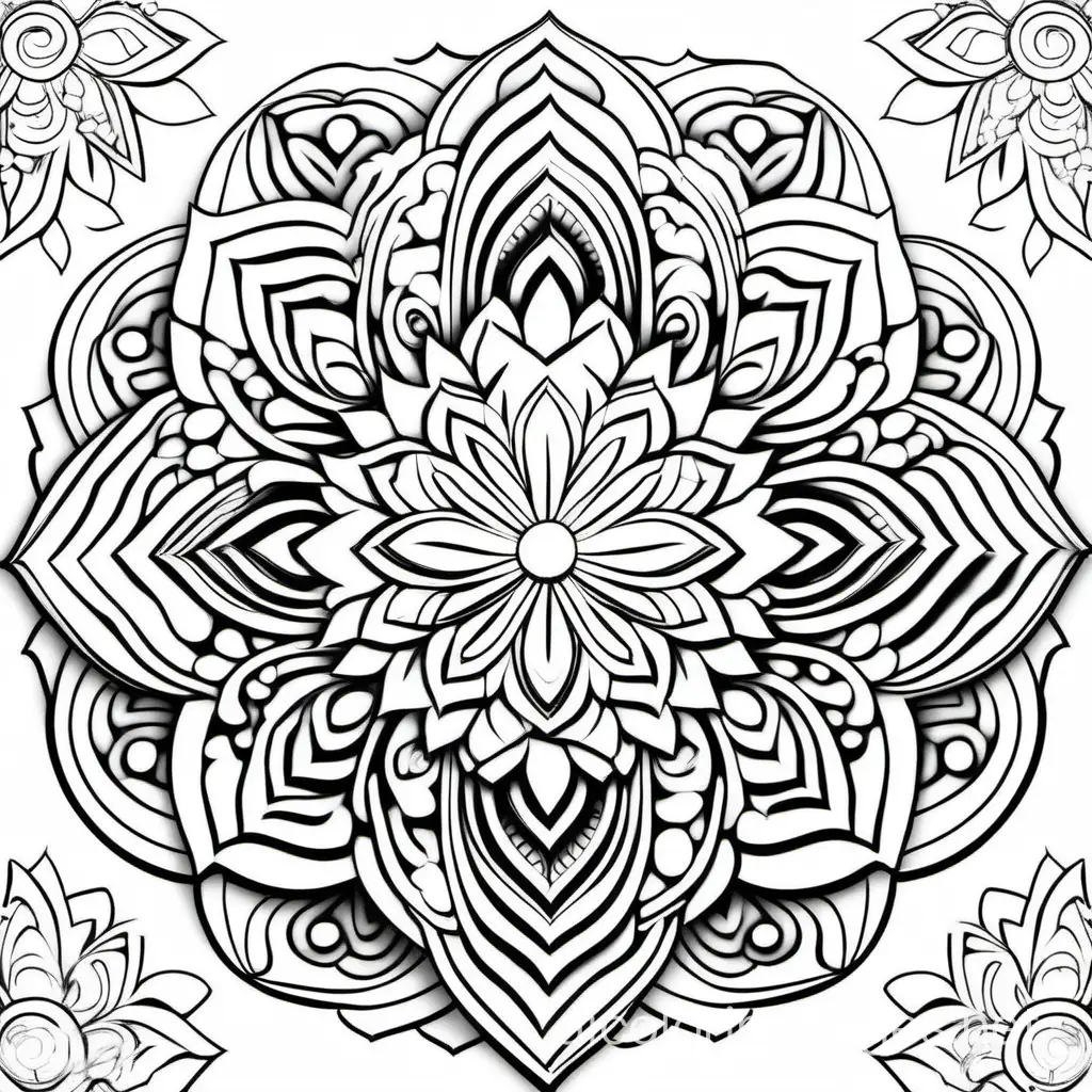 white mandala in a flower shape around it a lot of hearts without color with black lines for coloring book, Coloring Page, black and white, line art, white background, Simplicity, Ample White Space. The background of the coloring page is plain white to make it easy for young children to color within the lines. The outlines of all the subjects are easy to distinguish, making it simple for kids to color without too much difficulty