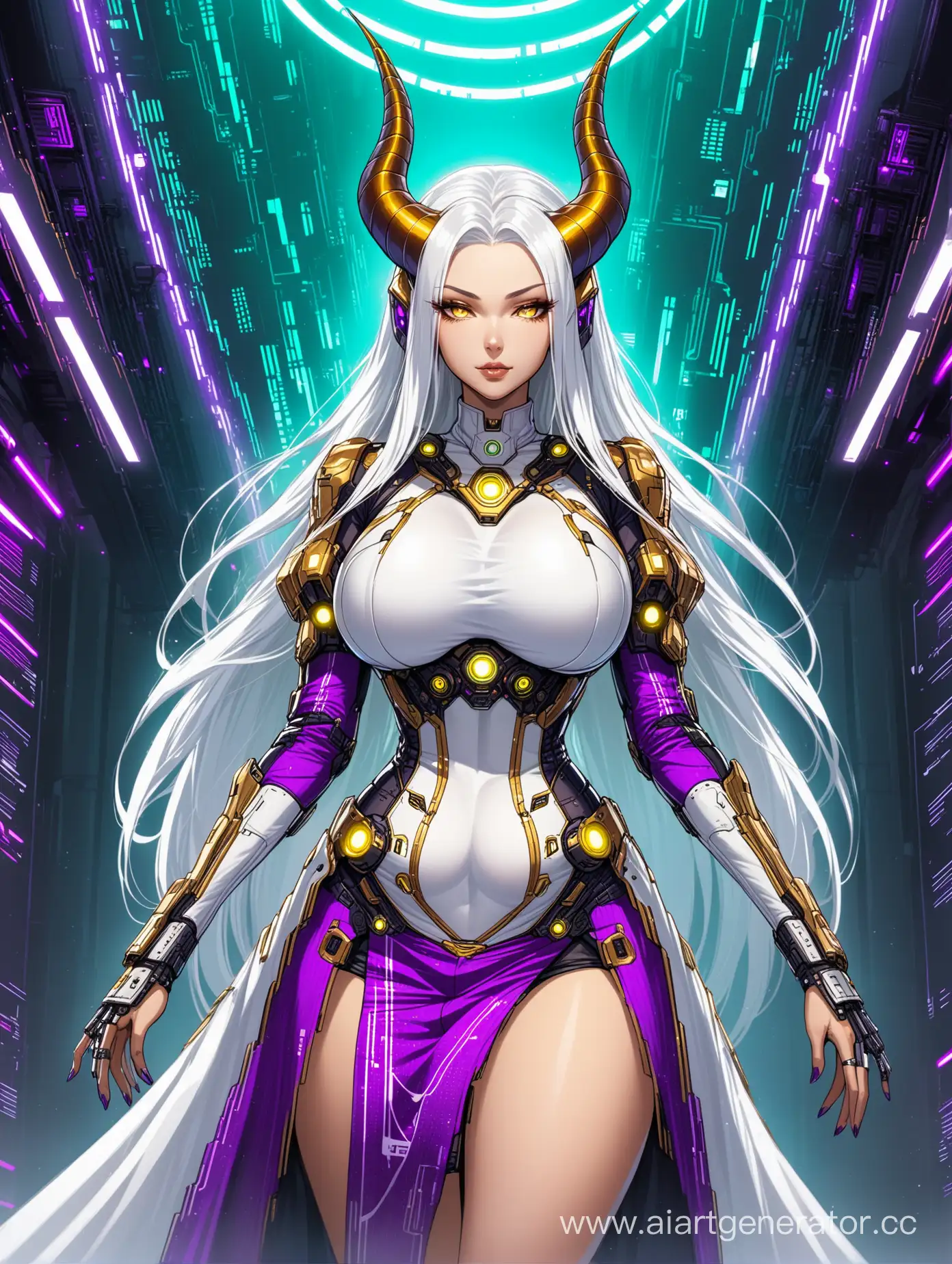 Female character, tall woman, big breast, long white hair, cyberpunk white, golden and purple, aristocrat dress, horns