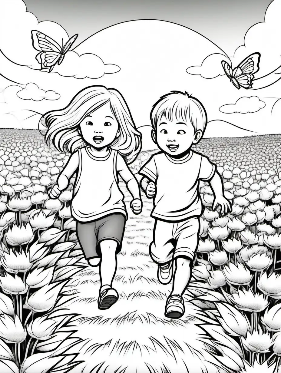 Coloring page of cute cartoon asian toddler girl with long white hair running next to a toddler asian boy with white hair.  They have five fingers on each hand.  They are running through a sunflower field chasing butterflies.  No color.  No shading.  Low detail.  Black and white only.  No gray.
