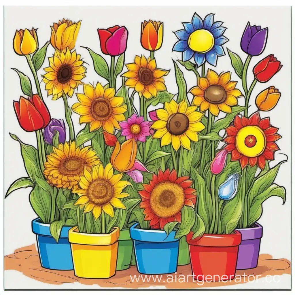Много цветов в прямоугольном горшке 2d для детей рисунок яркие цвета, подсолнухи, тюльпаны, колокольчики и другие 
