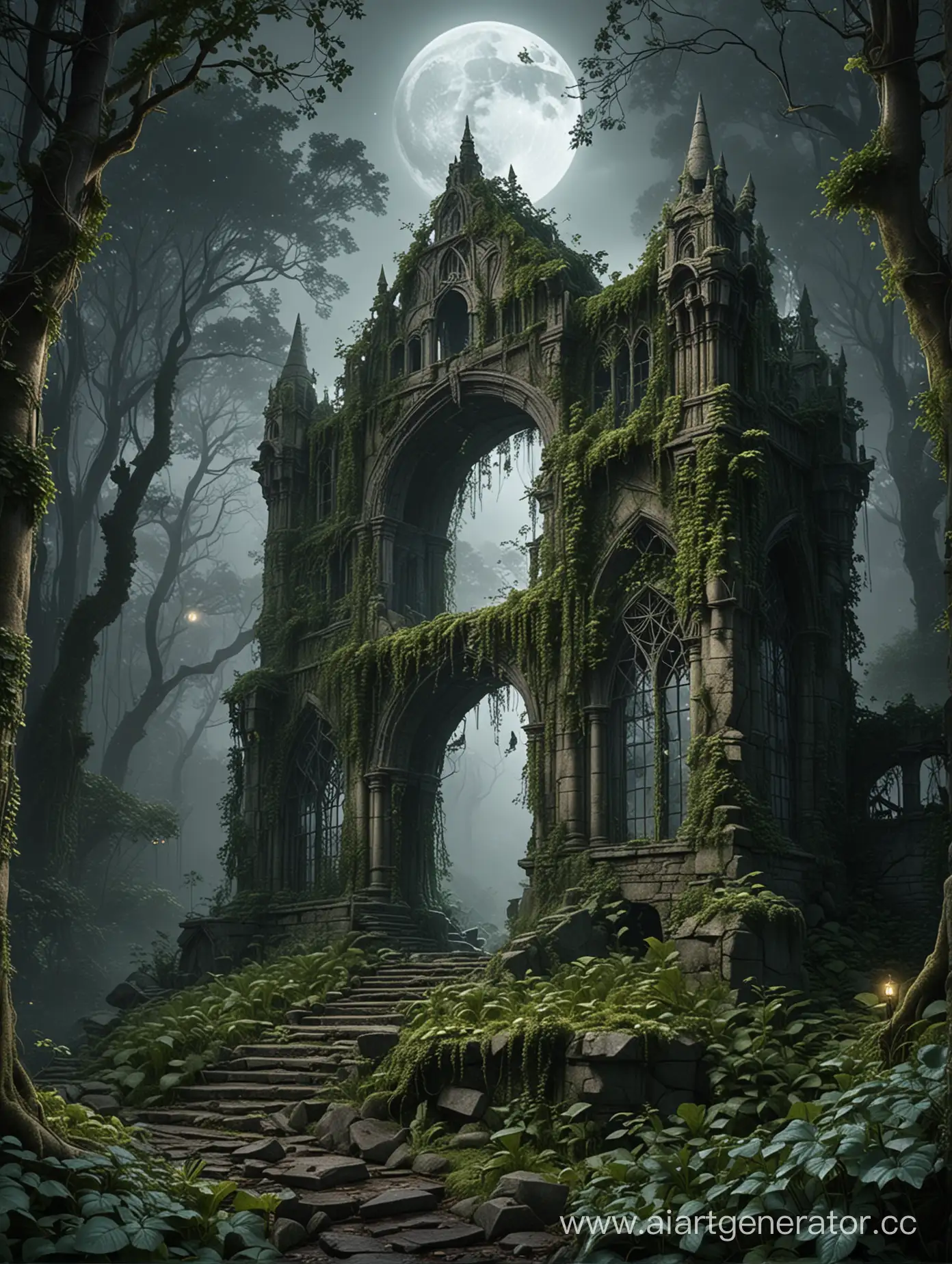 The ruins of an ancient elven palace, lost among the gloomy forest illuminated by the moon. They are entwined with ivy and moss