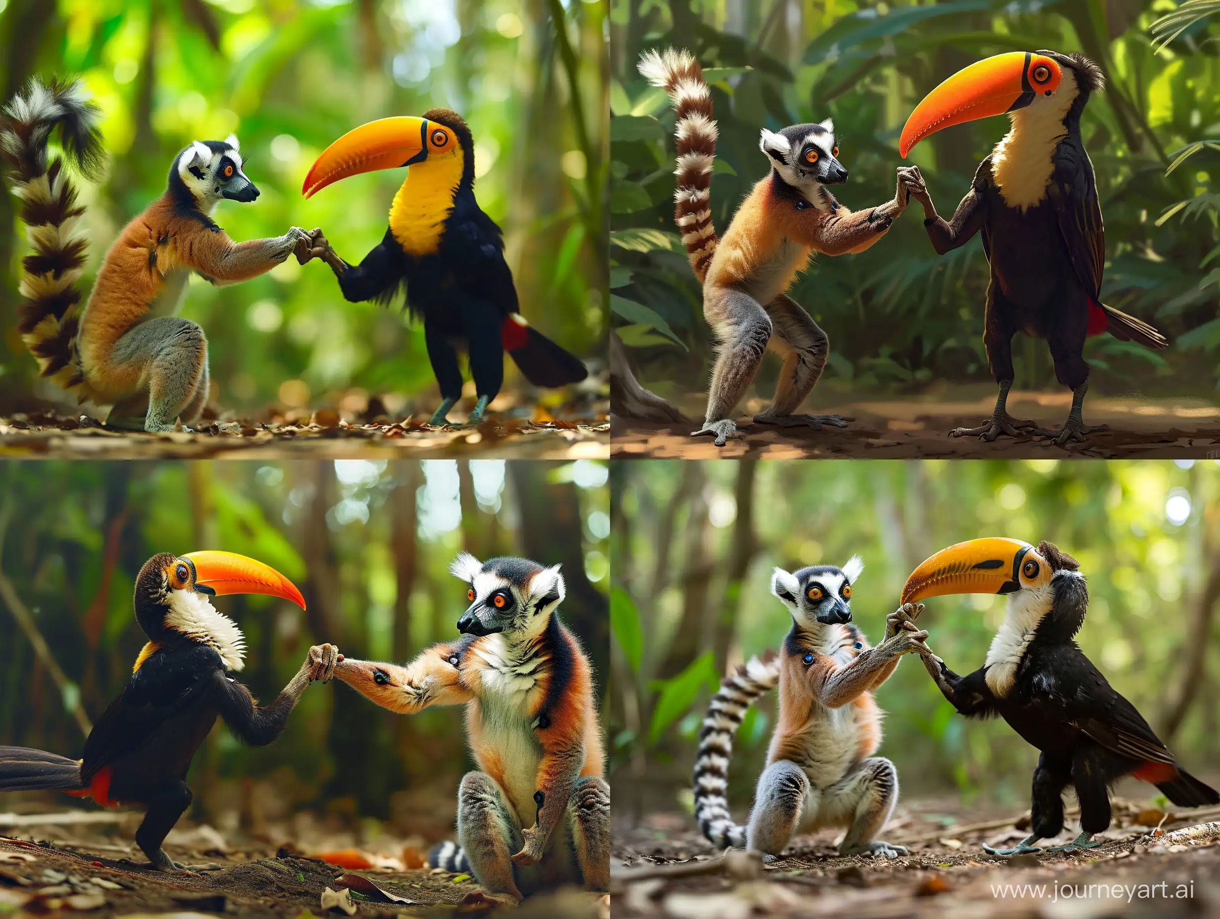 imagine a toucan bird holding hands with a lemur in the forest 