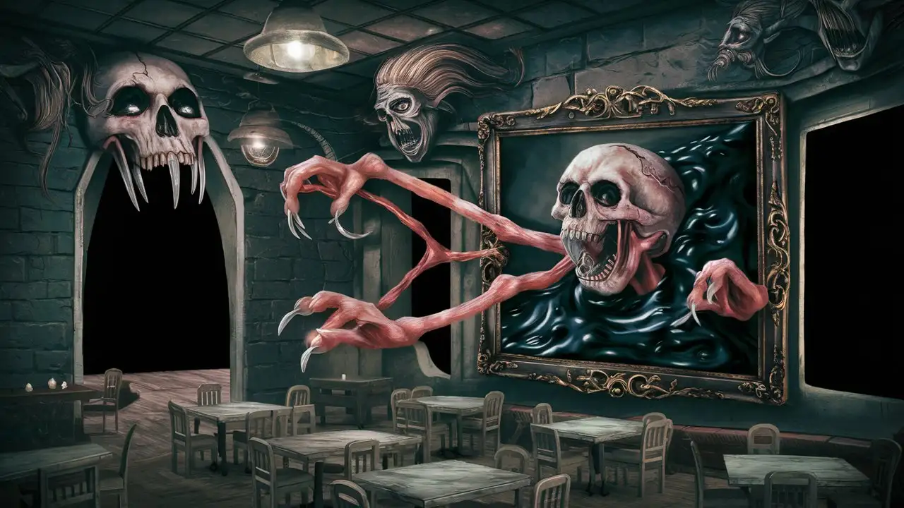 Eerie Haunted Cafe Room with Terrifying Monsters and Demonic Entities