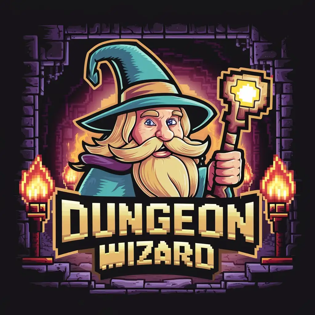 Pixelated Dungeon Wizard Retro Game Logo Design | SDXL Free Online