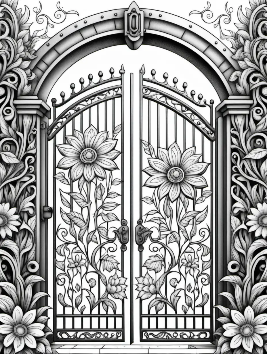 cast iron gate, coloring book page, doodle floral art background, black and white, no shading, thick black lines, clean edges, full page, color by number