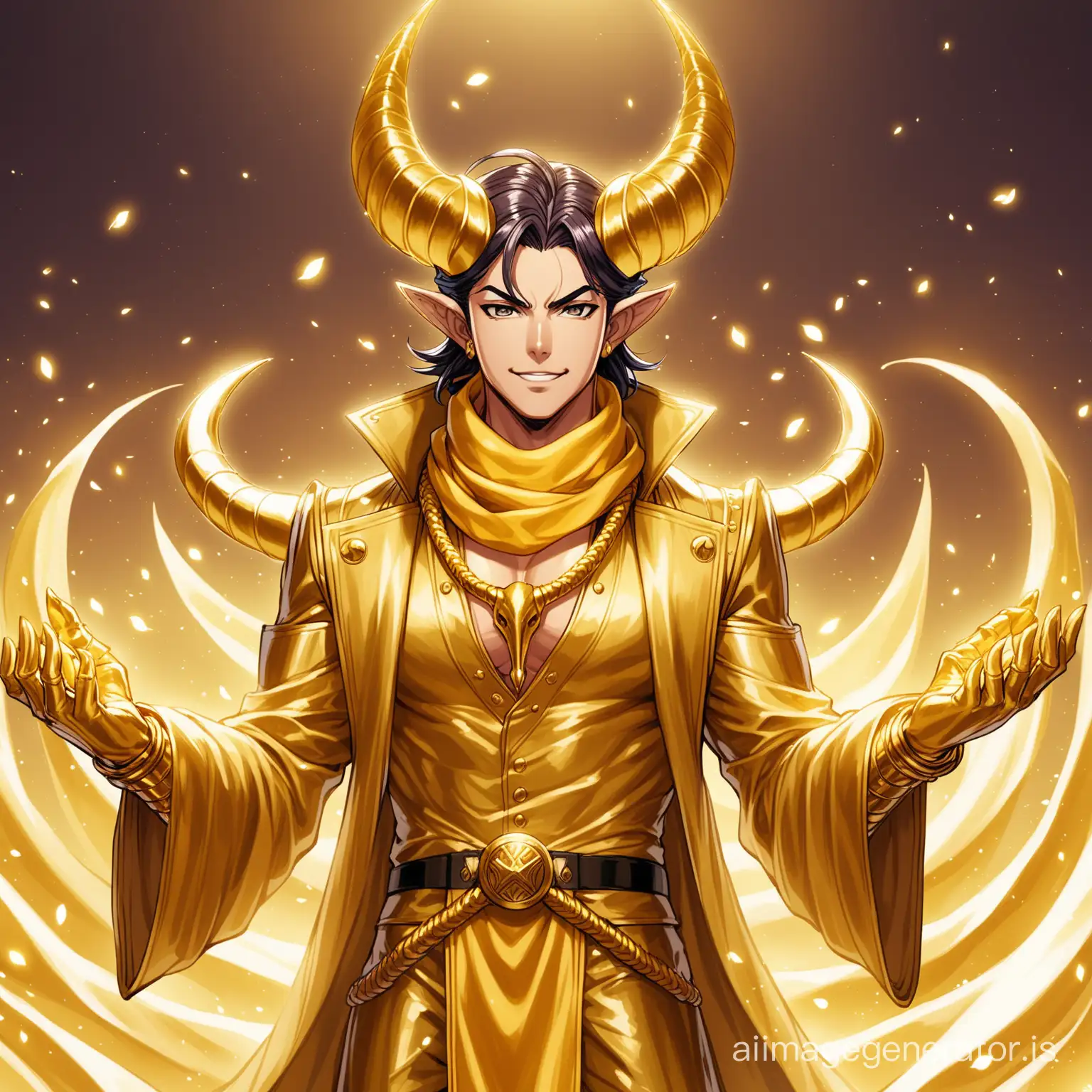 Kujo Jotaro, JoJo, tiefling, horns, golden clothing, golden scarf, golden horns, golden skin, long scarf made of gold, clothing made of gold, completely golden skin, golden face, face made of gold, hands made of gold, long billowing scarf made of gold, hair made of gold