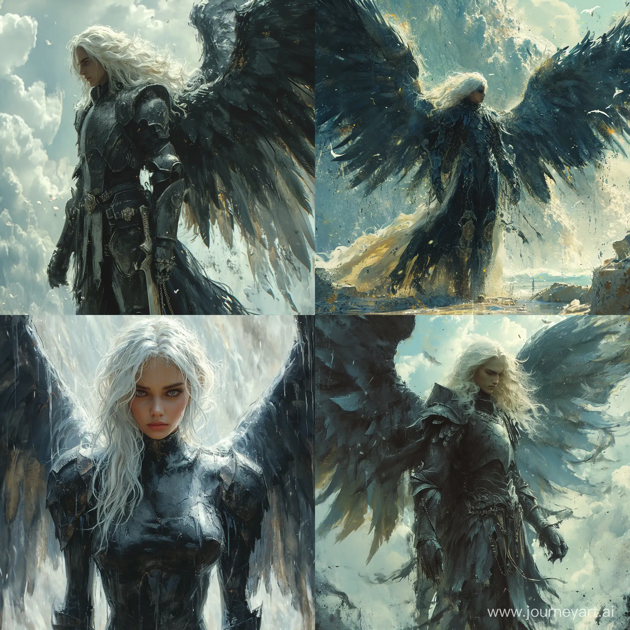 8K, photo, ::1.5, dark angel with large black wings, standing in front of a sky background with white and blue hues, the angel has white hair and is wearing a armor-like outfit, the wings are spread out and there are black paint drips trailing from them, --s 500 --quality 2