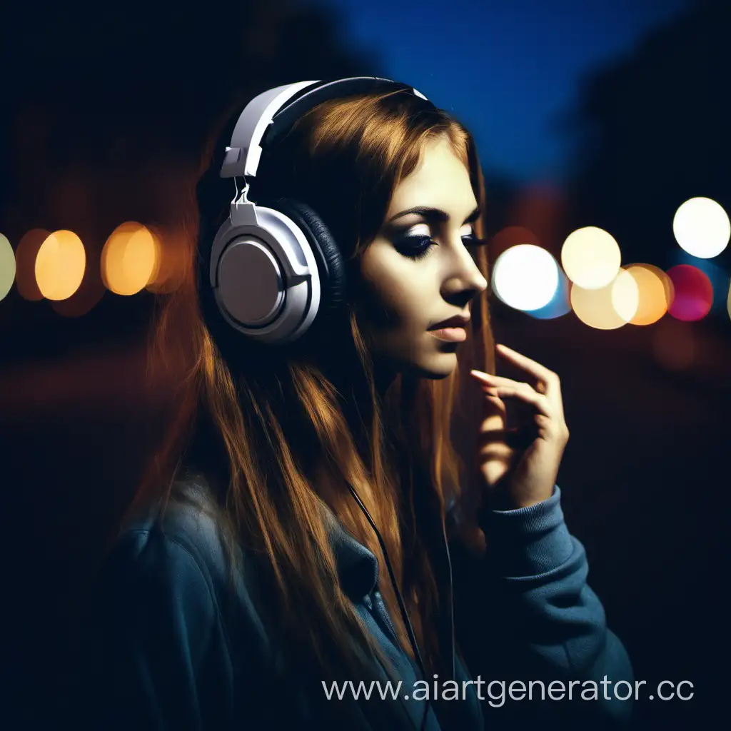 Beautiful-Girl-Listening-to-Music-with-Headphones-at-Night
