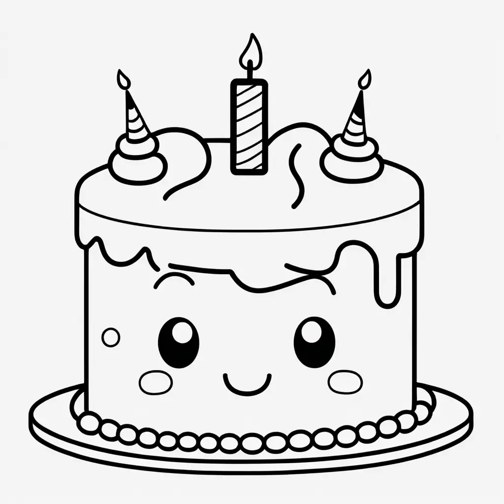 coloring book, cartoon drawing, clean black and white, single line, white background, large cute birthday cake, emoji
