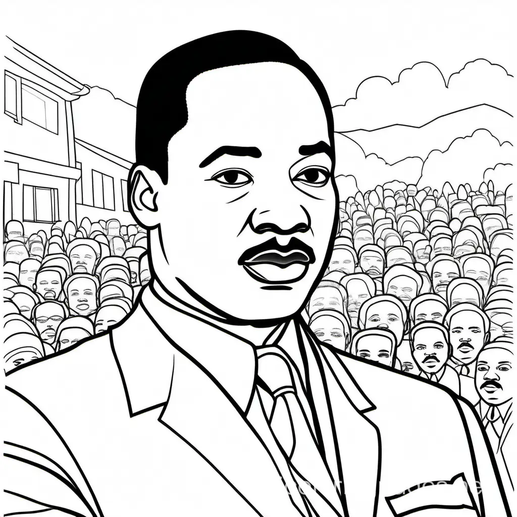 Martin Luther King, Coloring Page, black and white, line art, white background, Simplicity, Ample White Space. The background of the coloring page is plain white to make it easy for young children to color within the lines. The outlines of all the subjects are easy to distinguish, making it simple for kids to color without too much difficulty