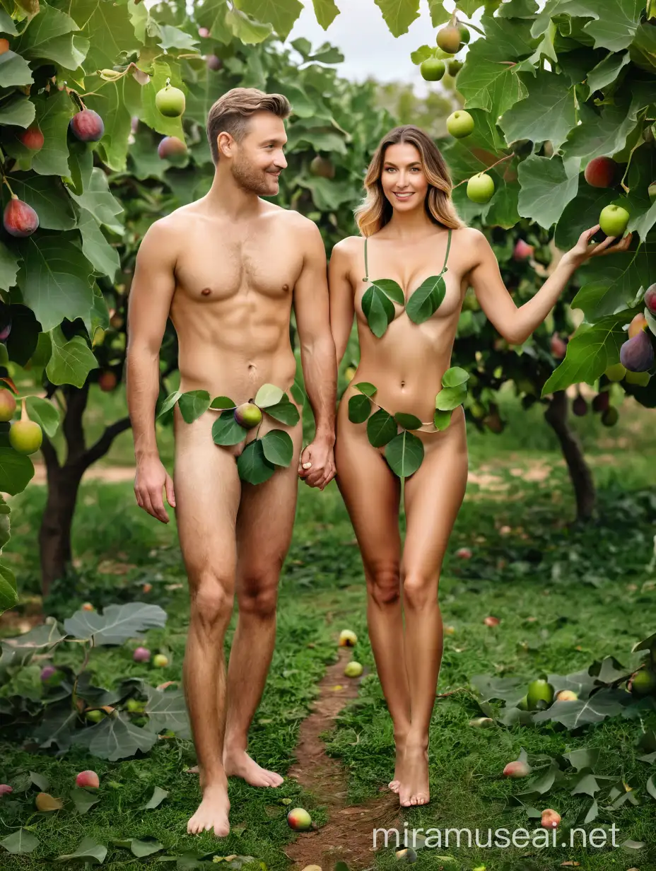 Adam and Eve Recreation Naked Couple in Eden Garden with Fig Leaves Apron