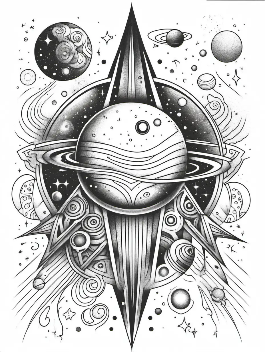 a modern black and white space tattoo for a coloring book