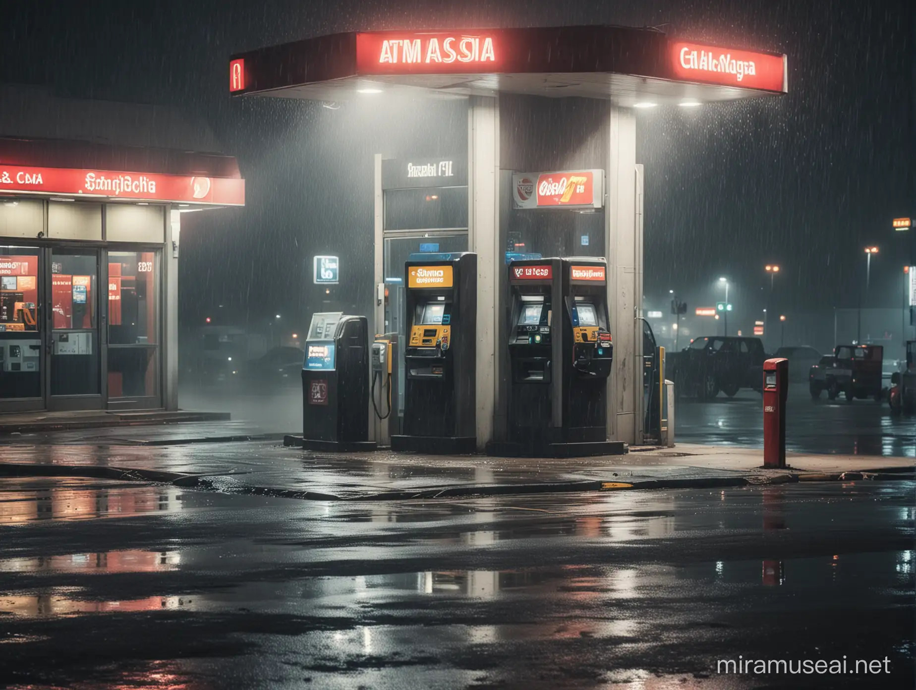 late night smoky outside a gas station atm, bright lights on atm but smoky and rainy outside gas station,cinematic view