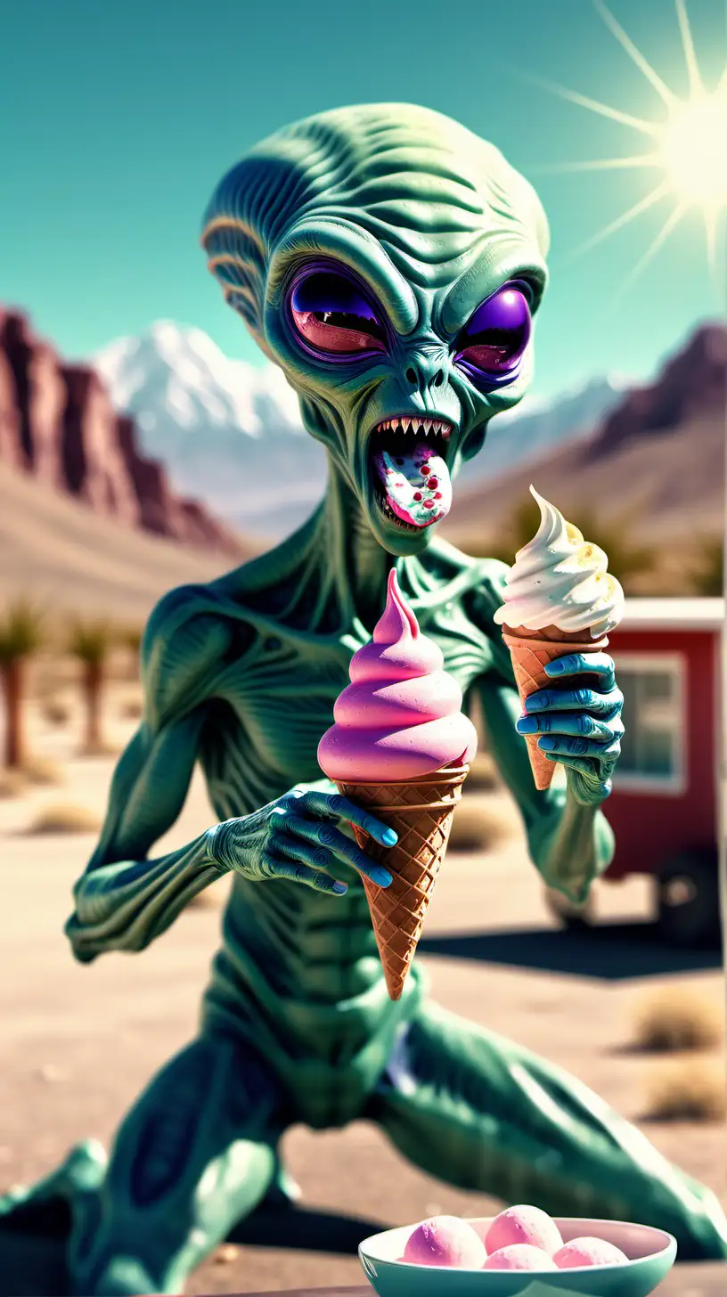 Whimsical Extraterrestrial Treat Digital Art illustrating an alien eating an ice cream in sunny Nevada weather. Creating a scene with a playful and sunny atmosphere, Inspirations from Fantasy Art, Medium Shot, Cinematic Render, Warm Lighting