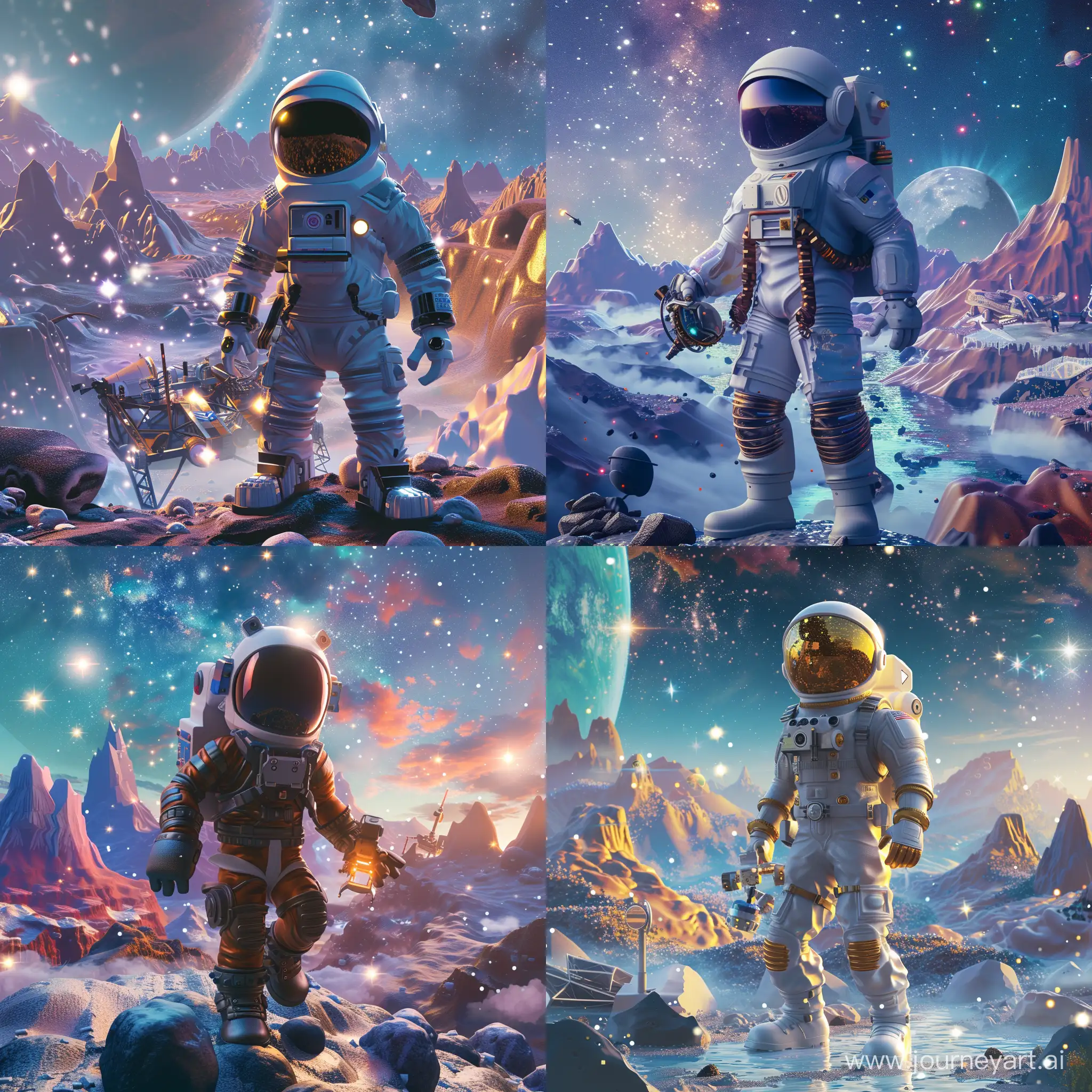 An astronaut in a futuristic space suit standing on the surface of another planet in the world of Roblox. The backdrop should be filled with fantastic landscapes, incredible mountains and sparkling stars in the sky. The astronaut may be holding a futuristic instrument or standing next to a spaceship. Be sure to bring in elements specific to Roblox to convey the atmosphere of the game platform