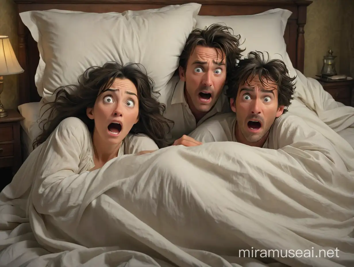 A man and a woman in their 40s are lying in bed, covered by a sheet, we can only see their faces, they are frightened, they have been taken by surprise. The woman has a disheveled 19th century style dark hair. The atmosphere of the picture is comical. We see them in full height, realism style, 3d animation.