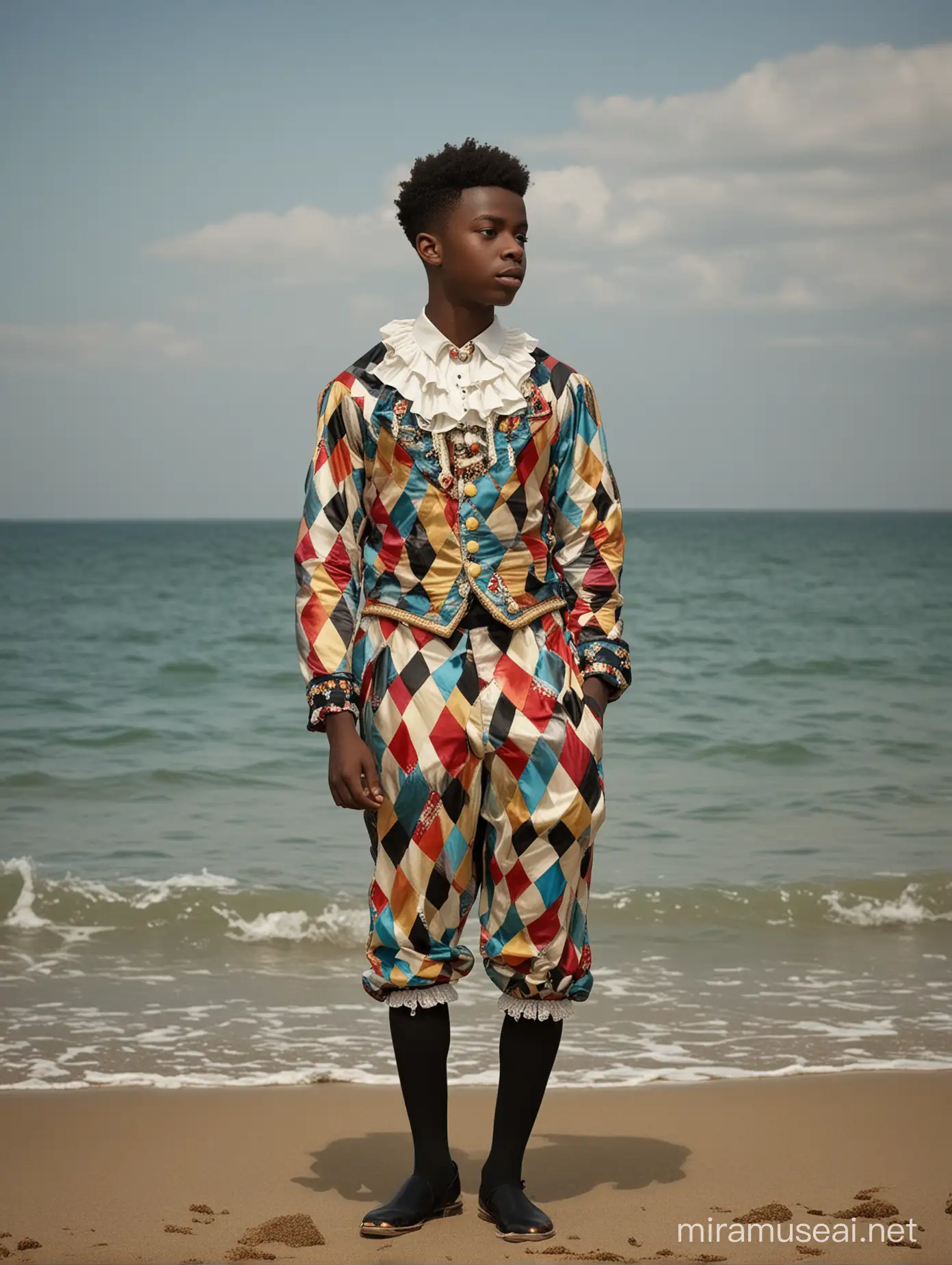 Charming Young Black Harlequin Pose with Vintage SeaInspired Artifices