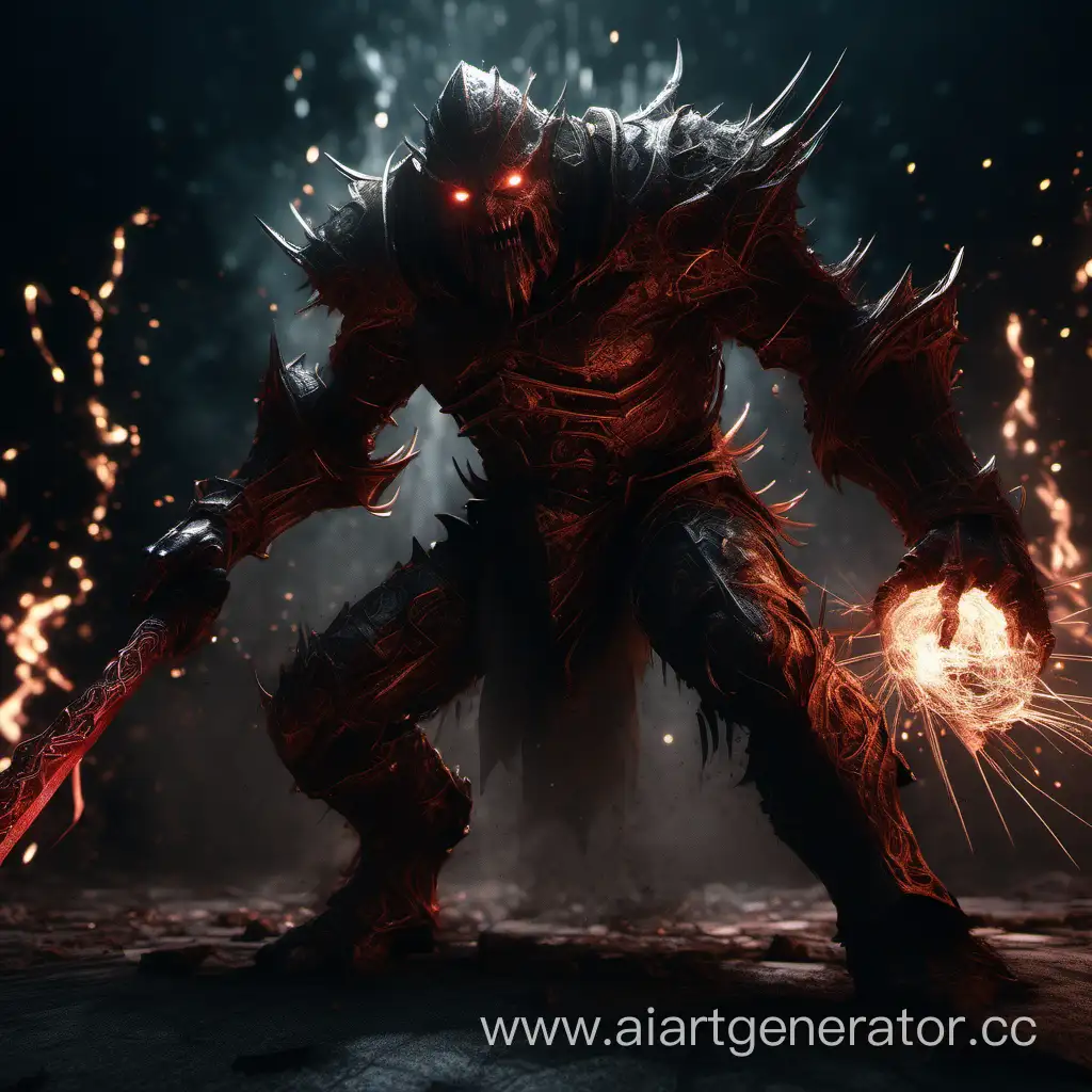 demonic golem fight with knight, boss battle, dark background, sparks, blood trails, Extremely detailed cinematic, intricate detailed armor, intricate detailed body, A high-quality, luminous lines, patterns, Mixed-Media, 4K, Hyperrealism, Masterpiece, Chiaroscuro