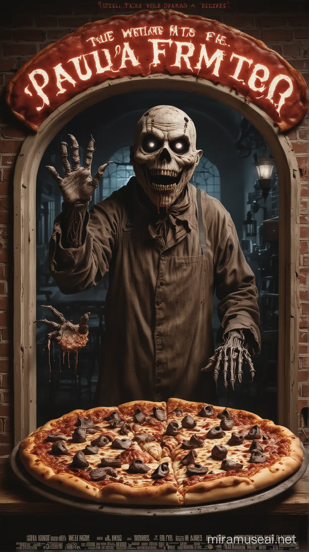 A film poster of a horror movie about haunted Animatronics at a pizza restaurant that come alive at night and only want to murder whoever is inside 
