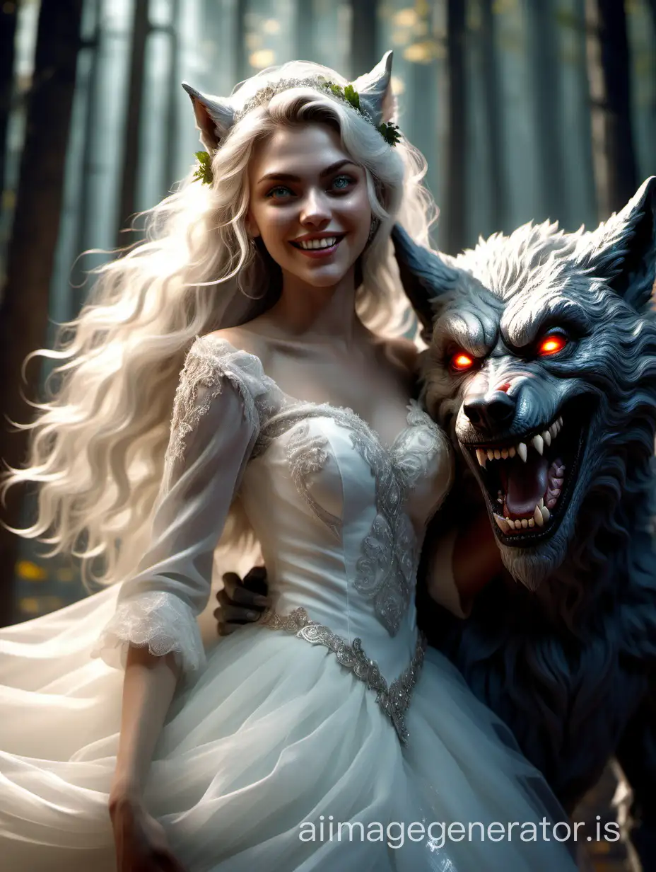 Beautiful young werewolf bride, bright shining eyes, smile, on a large werewolf. Background - forest. Light wavy hair, emotions, dynamics, in the frame, sparkle, best quality, 32k, style: artstation