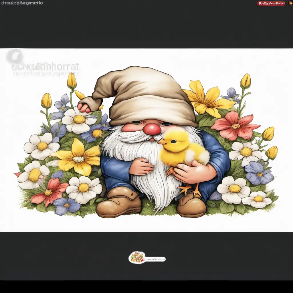 Create a cute garden gnome sitting down holding a baby chick with spring flowers all around and his hat is so big that it covers his eyes and you only see his nose,  clip art