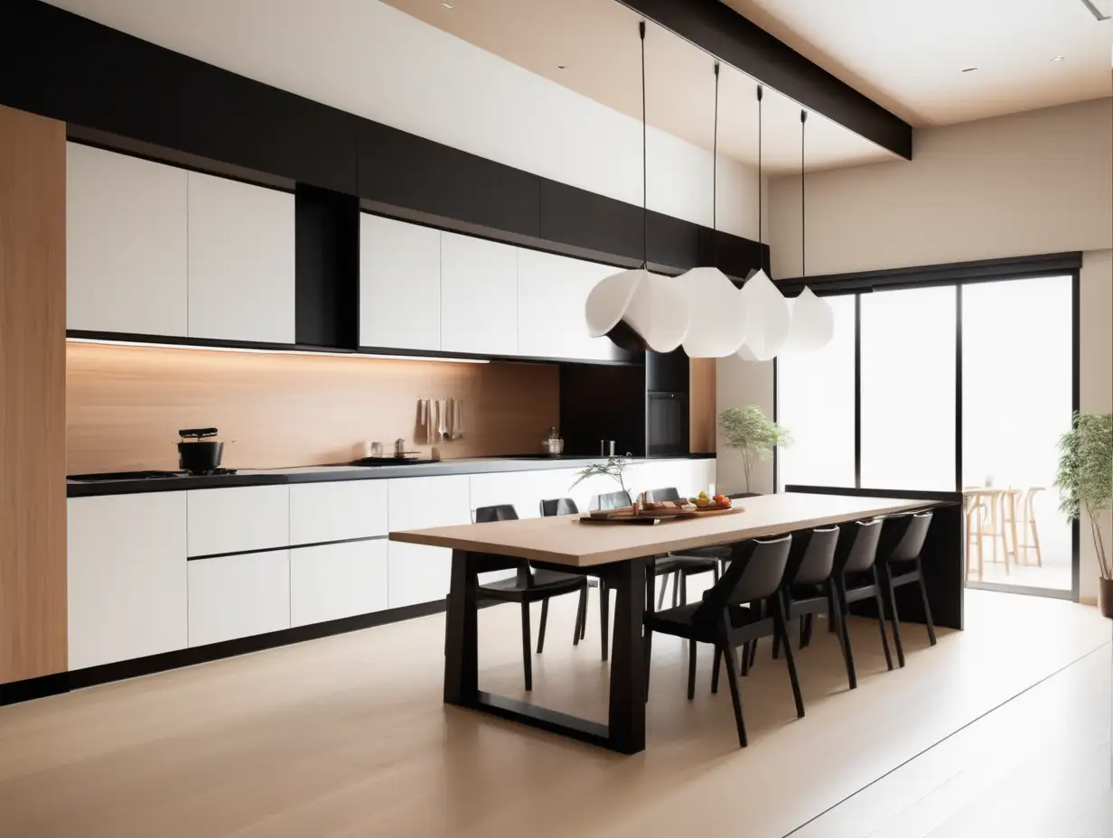 Minimalis luxury futuristic japanese kitchen and dinning room, modern tools, more wide space, high ceiling, cold-warm vibes, broken white-brown-black tone, diagonal angle, --v 6