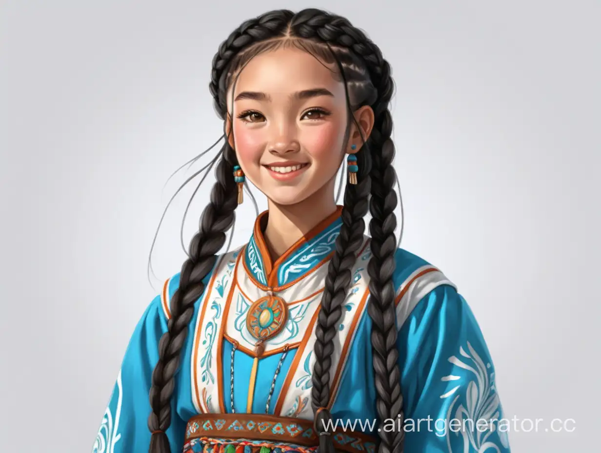 Concept art at full-hight. Fifteen-year kazakh girl, wearing traditional clothes, with long black braids. Self-confident pose, happy and kind face expression.