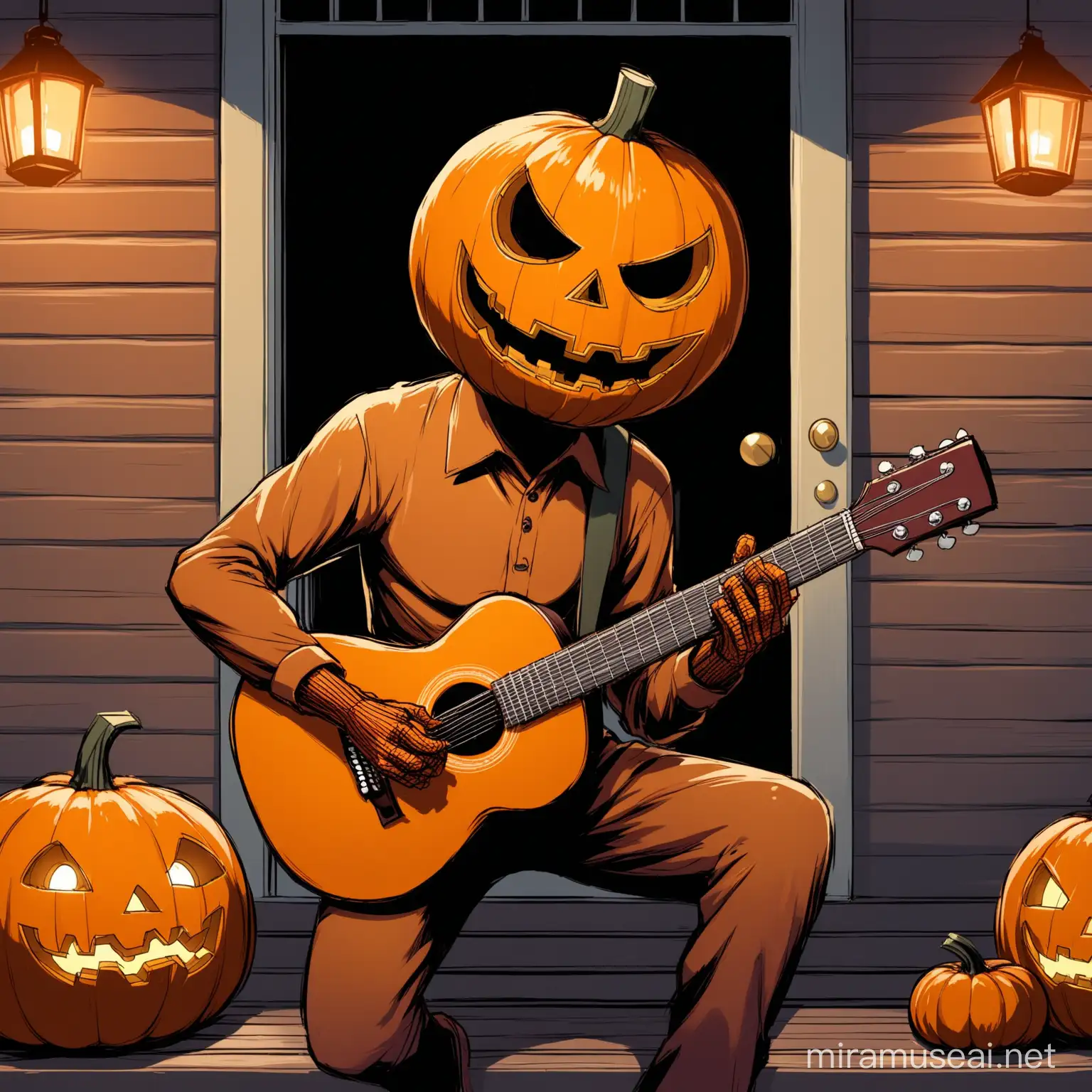 cartoon pumpkin head man, playing the guitar, on a small town front porch, scary