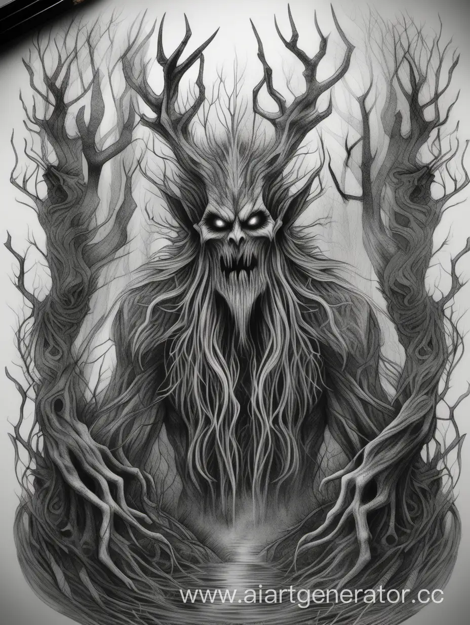 highly detailed evil forest spirit, dark fantasy style, pencil drawing,