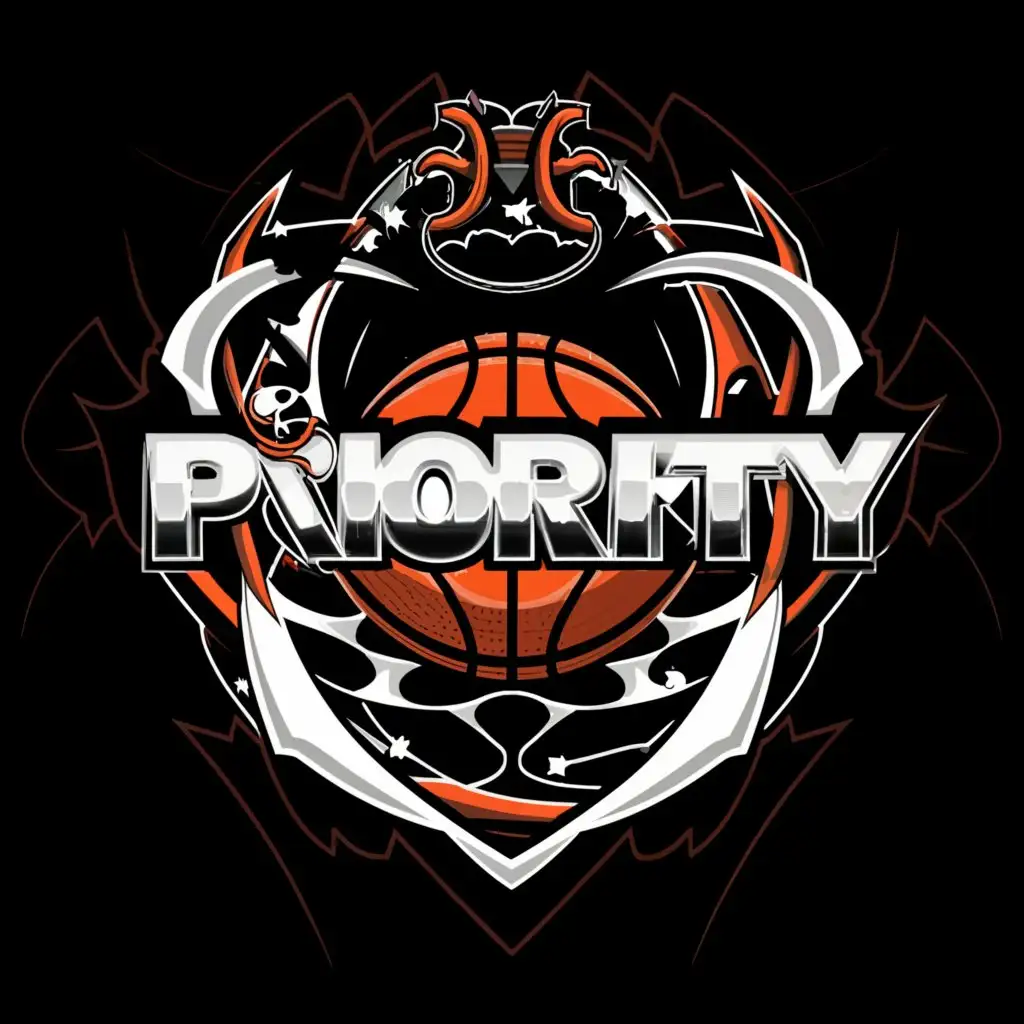 a logo design,with the text "PRIOORITY", main symbol:Basketball and ring Color red,white,black ,complex,clear background