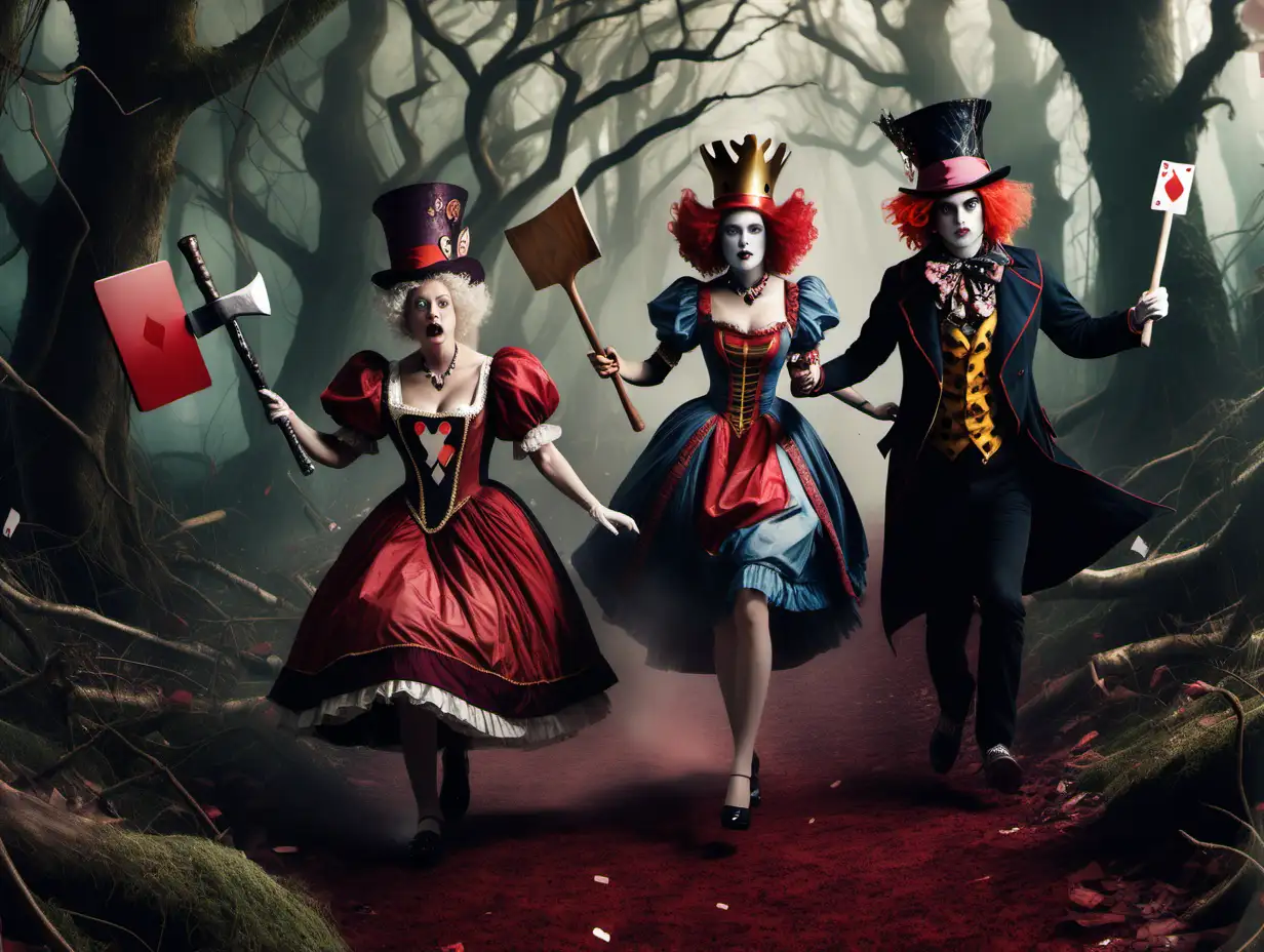 Queen of Hearts chasing Alice and Mad Hatter with an axe in an enchanted forest