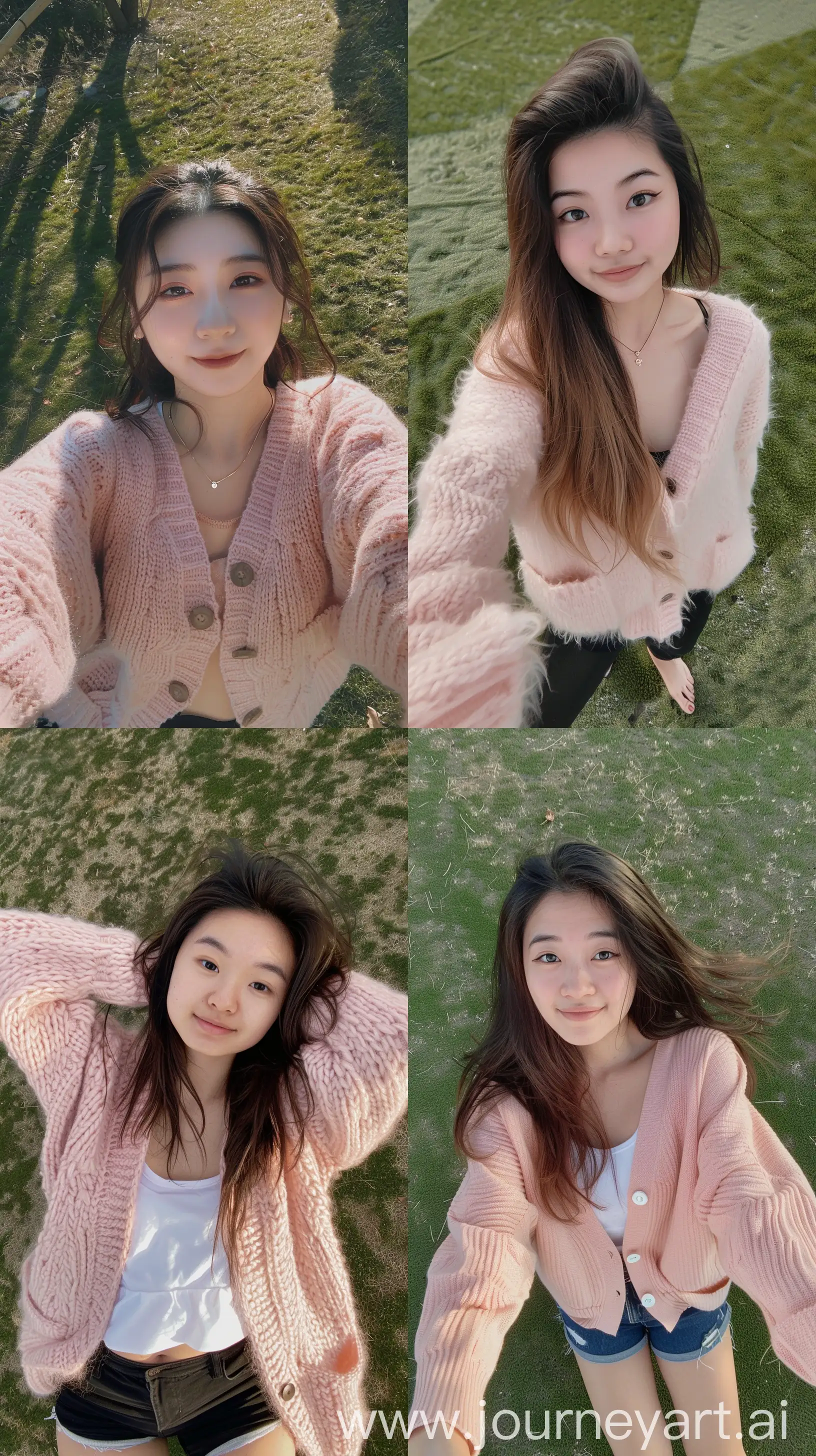 Aesthetic instagram selfie, asian 18 years old girl, wearing soft pink cardigan, standing on grass --ar 9:16