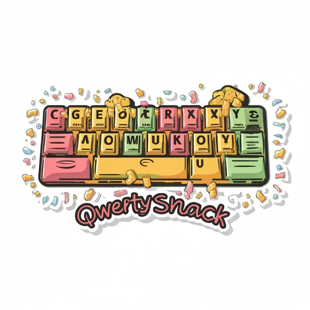 logo, Keyboard Crumbs, cute style keyboard with correct lettering, Sticker, Energetic, Intense Colors, light art style, Contour, Vector, White Background, Detailed bright vibrant colors, with the text "QwertySnack", typography