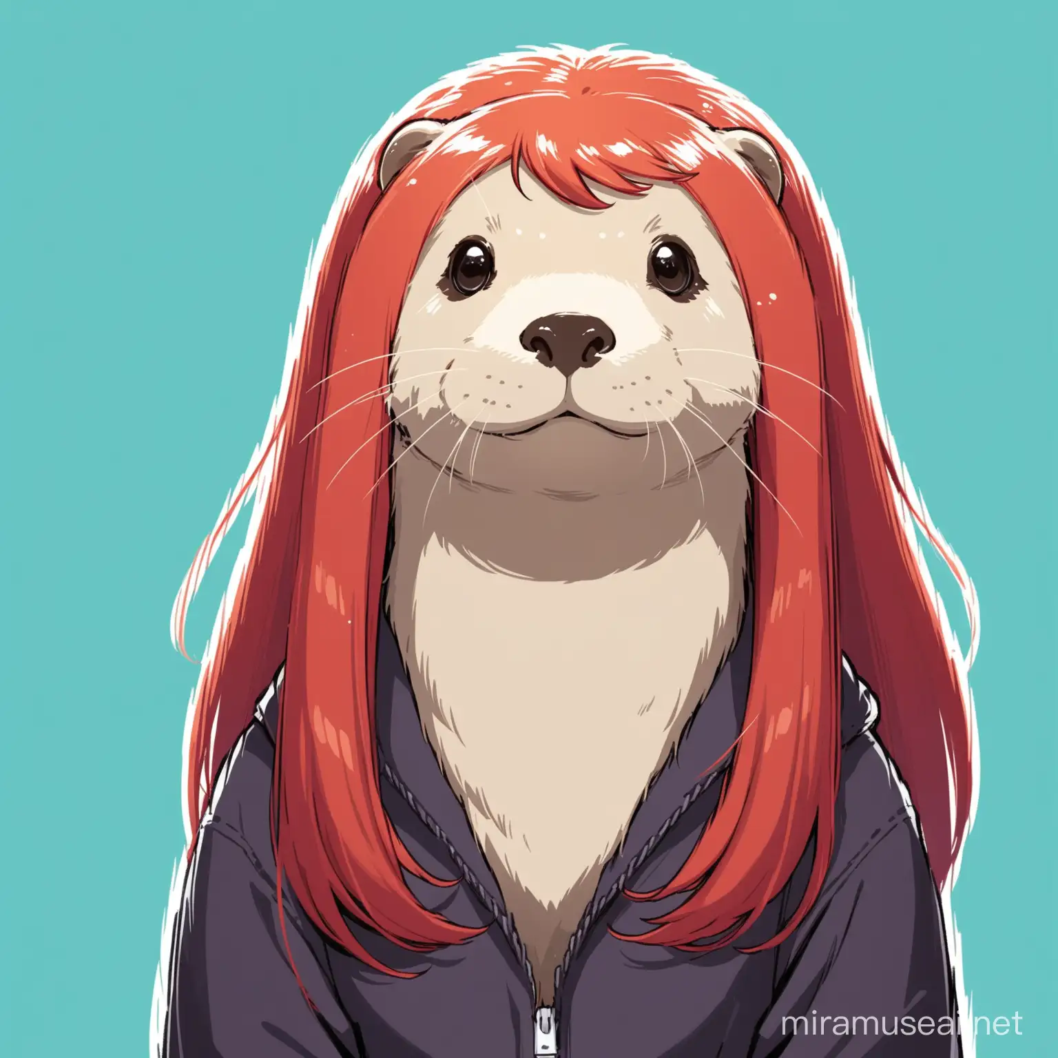 Adorable Otter Wearing a Vibrant Red Hair Wig