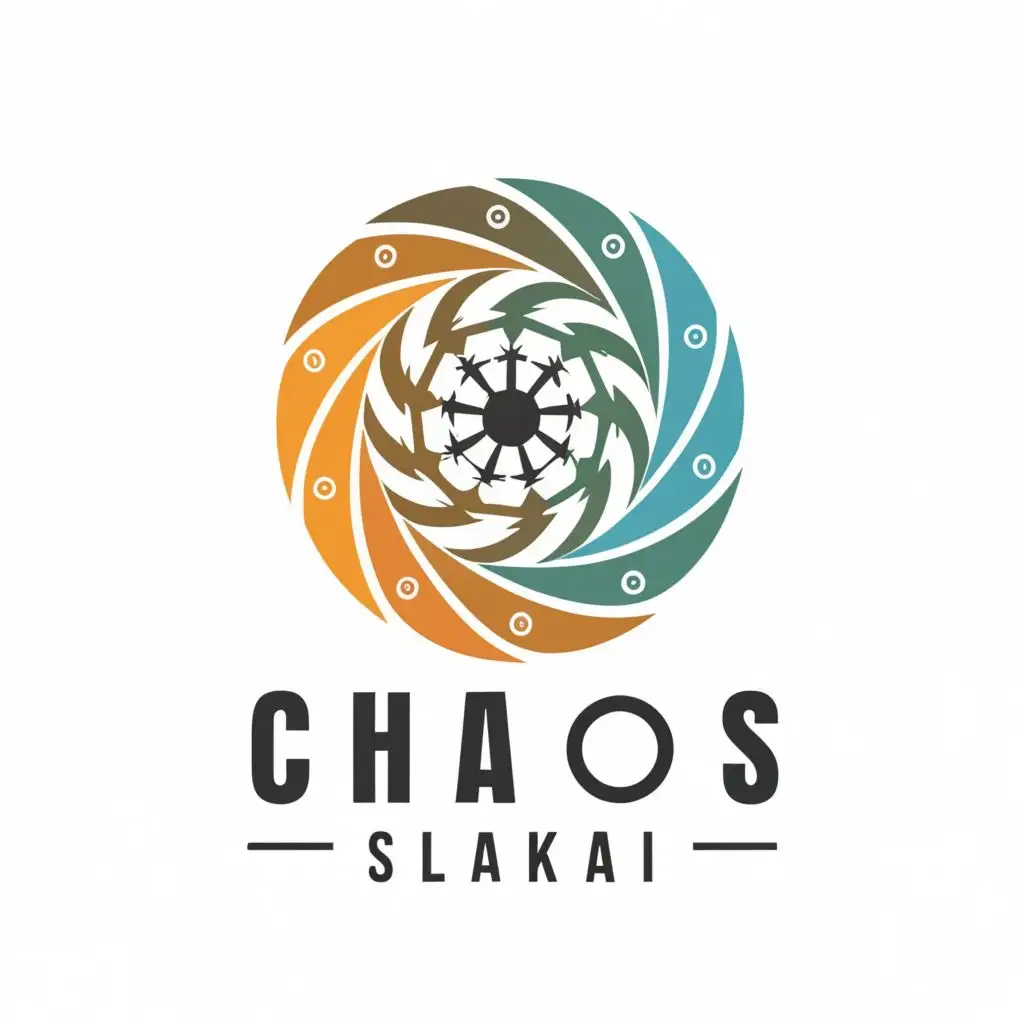 logo, a circular chaos symbol logo with eight arrows pointing outward from the center, with the slim text 'S L A K A I' underlined, typography, be used in Technology industry