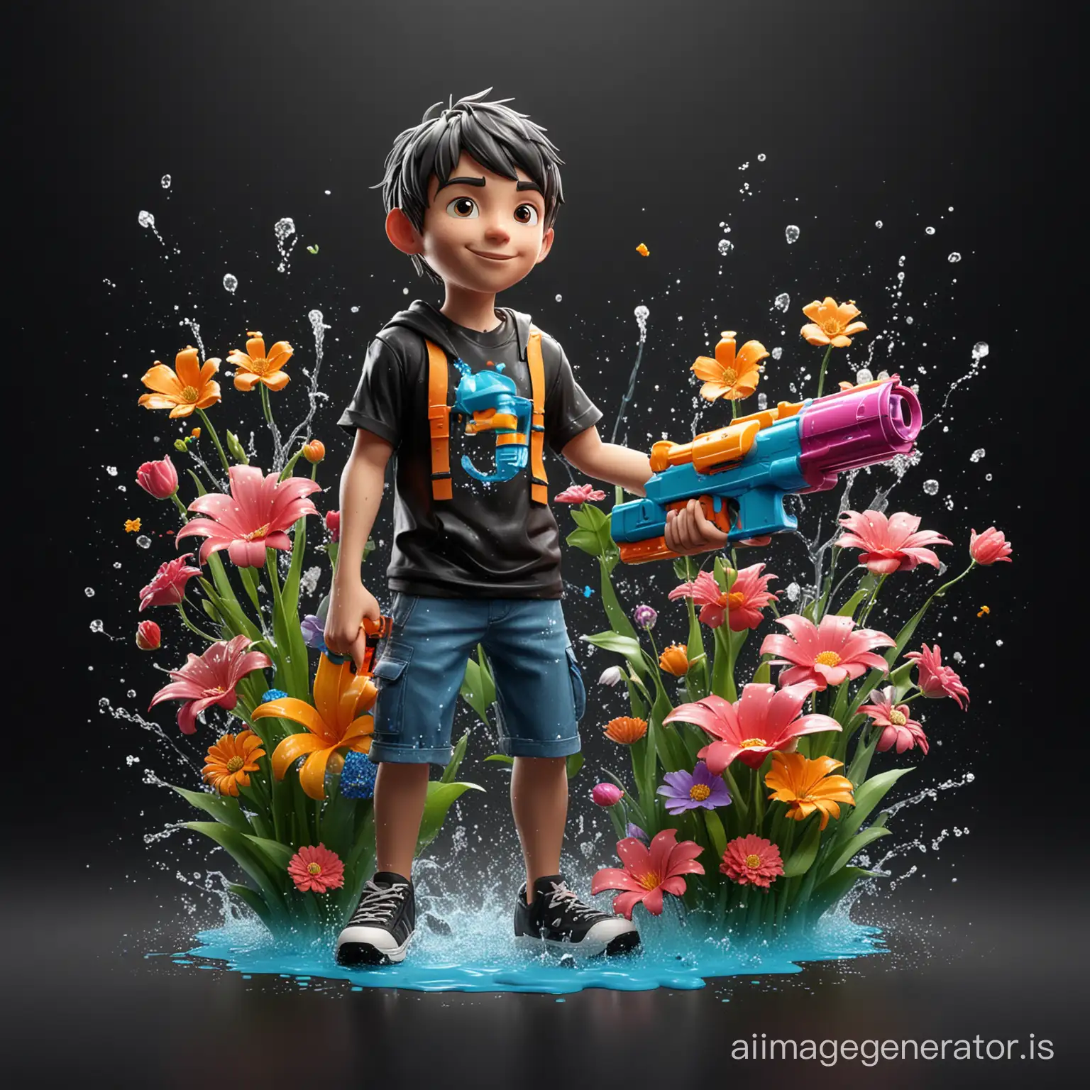 Boy-with-Water-Gun-Surrounded-by-Flowers-and-Water-Splashes-on-Black-Background