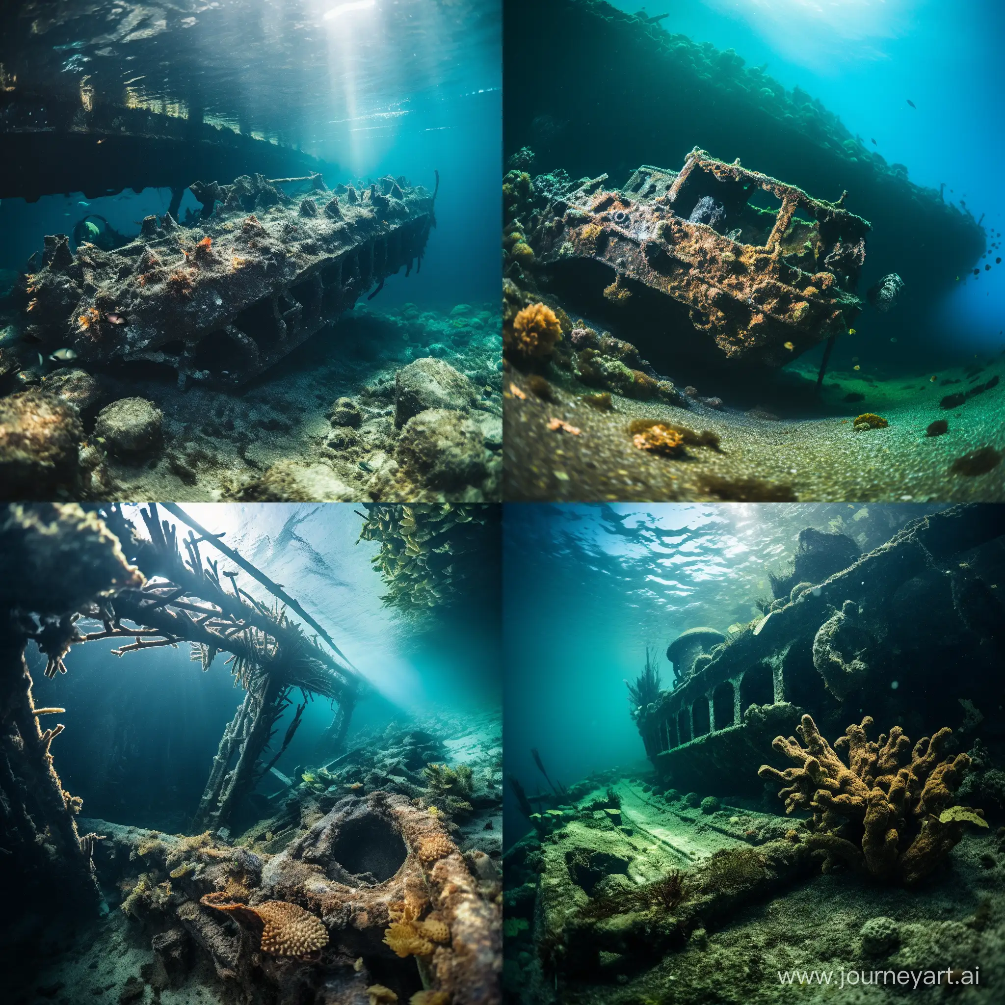 A photo of an ancient shipwreck nestled on the ocean floor. marine plants have claimed the wooden structure, and fish swim in and out of its hollow spaces. Sunken treasures and old cannons are scattered around, providing a glimpse into the past. taken with a canon camera, 25mm lens