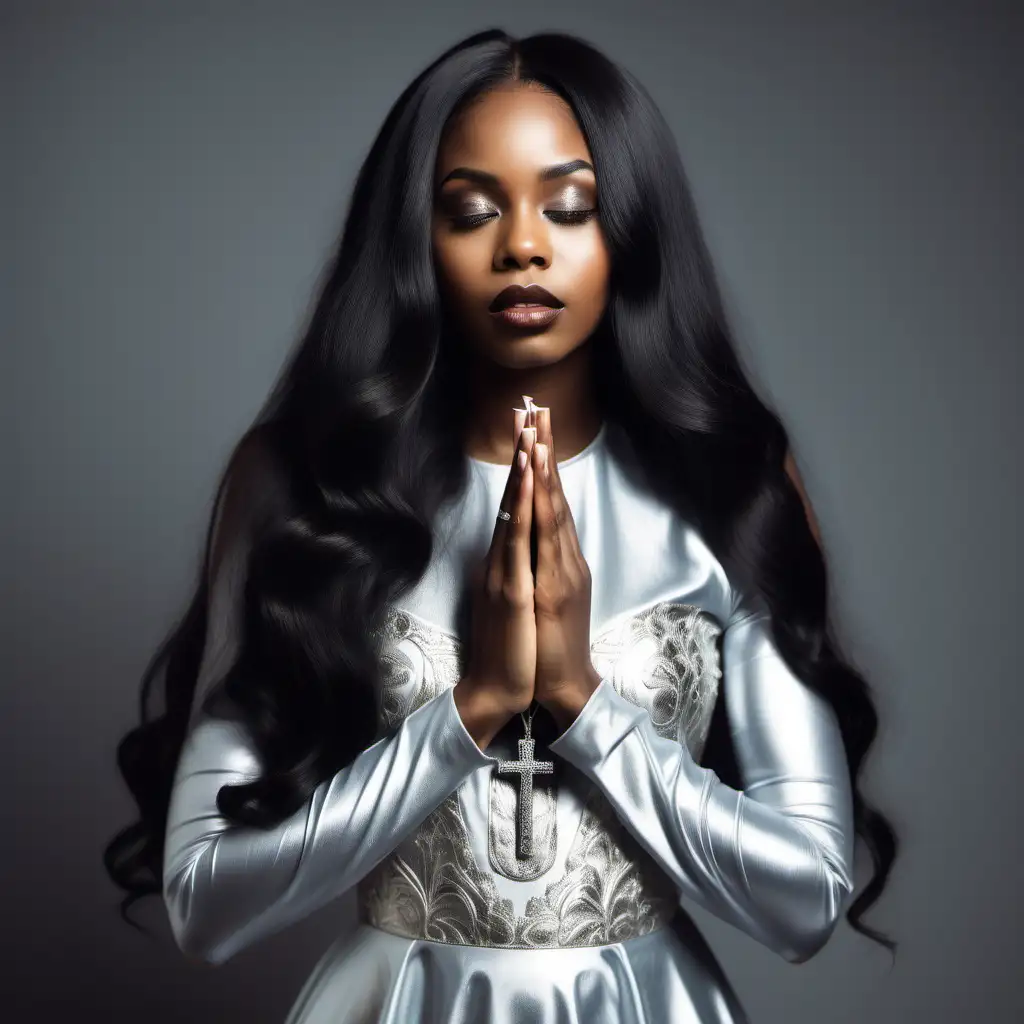 Elegant Black Instagram Model Woman in Vintage Silver Dress Praying