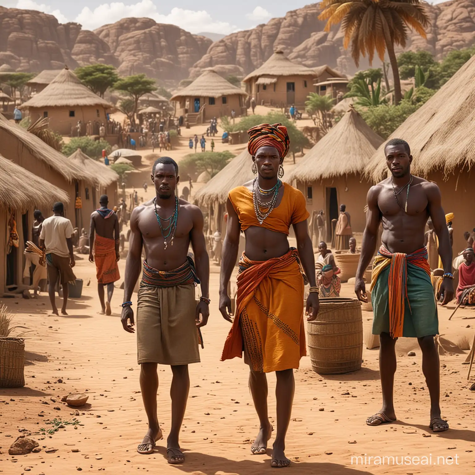 Vibrant African Village with Colorful Men and Women