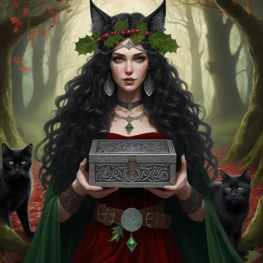 in a ancient forest there is a norse pagan woman with long black curly hair ,she has green eyes &  mascara & eyeliner, wearing a red velvet dress with a leather waistbag on a belt on the side with dangling jewelled feathers attached to the bag, she wears a  headdress of green holly leaves & mistletoe berries on her head , she has in her hands an ancient wooden box with viking symbols all around the box & silver filligree corners the lid of the box is open & mystical fairy dust is emitting from within the box, she is wearing long  laced up black boots, standing beside her one on each side are two large black cats