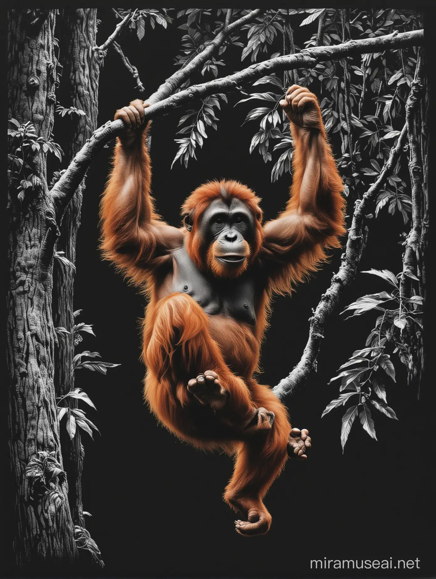 Orangutan Swinging on Tree against Black Background for Screen Printing