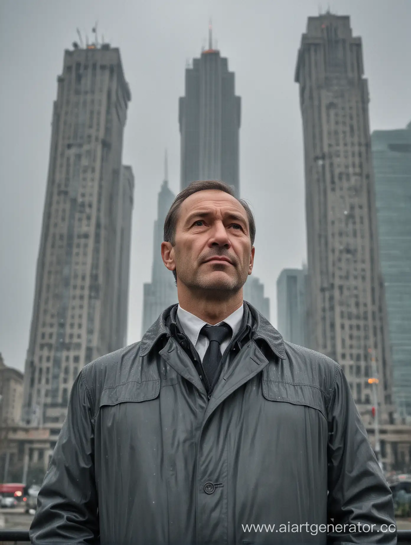 мужчина 45-50 лет стоит на фоне сталинской высотки в дождливую серую погоду 