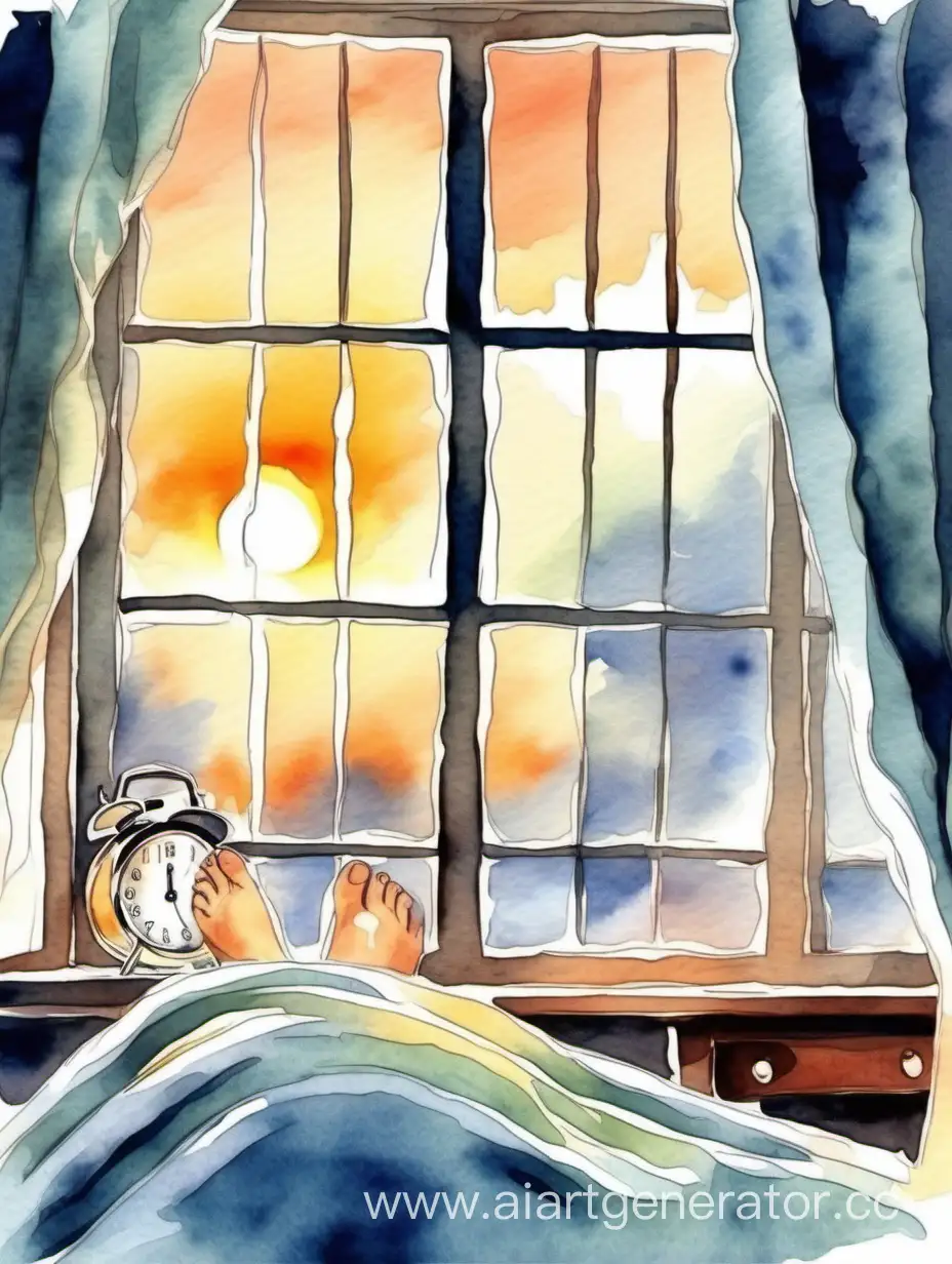 Cozy-Morning-with-Sunrise-Warm-Legs-Under-Blanket-and-Watercolor-Ambiance