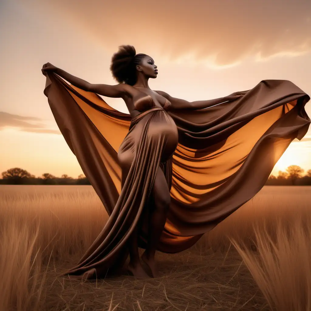 Create a large brown wooden silk fabric hanging to to ground from a square shaped wooden stick in a deserted sunset field with a African American pregnant woman with glam makeup standing in front of it with a brown shear wrap around her flowing into the wind