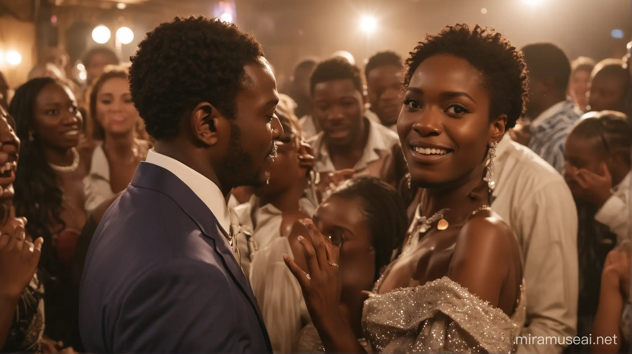 The camera pans to people at a party NOT A WEDDING  a burst of a fateful evening, the AFRICAN couple’s eyes meet across the crowded dance floor, sparks igniting their souls.
